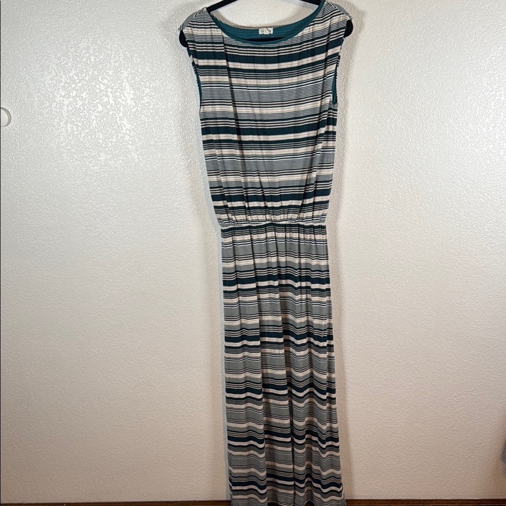Garnet Hill Teal Tan Stripe Maxi Dress Modest Classic Size Medium